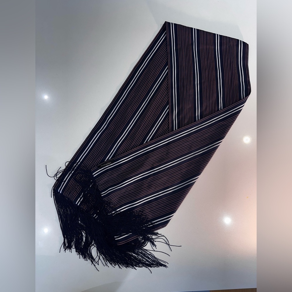Vintage 90s Banana Republic Navy, Orange, + White Striped Scarf with Fringe